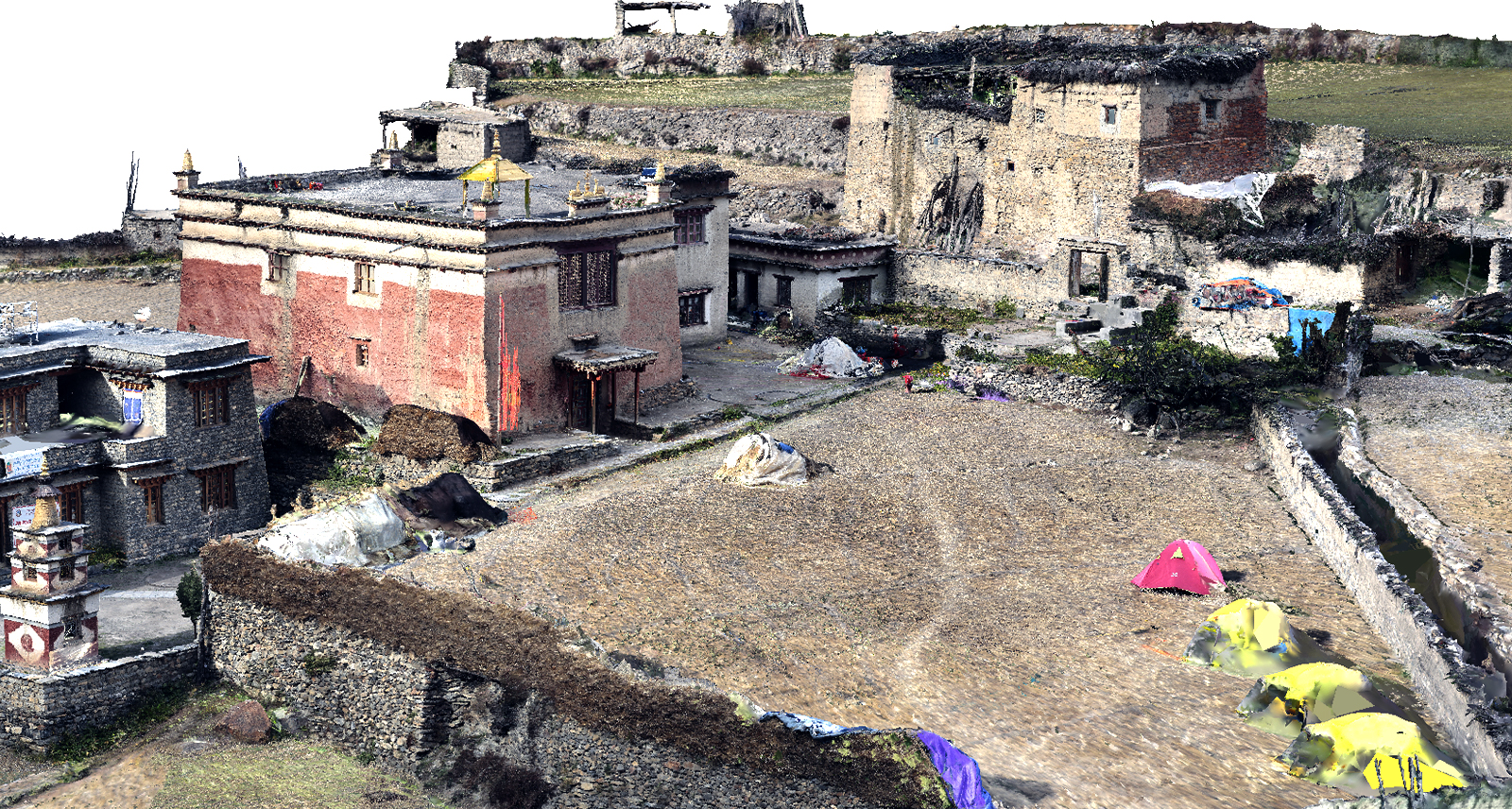 Textured 3D mesh of the Nezar temple, the old Lama house and the new health post in Bijer, Nepal  – Source: Peter Bauer