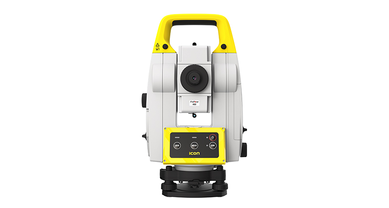 Leica iCON iCT30 robotic construction layout tool on white background.