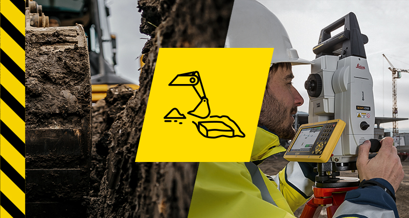 Leica iCON build byggeprogramvare for masseflytting og klargjøring av byggeplasser; en mann med iCON totalstasjon