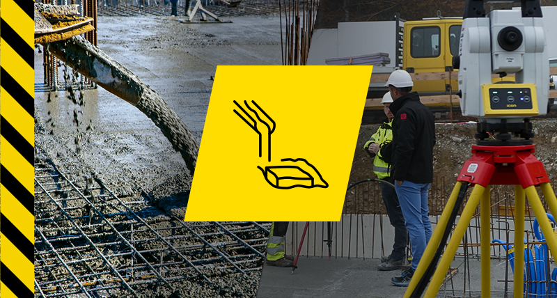 Coulage de piliers et dalles en béton pour l’établissement des fondations, trois personnes sur le chantier avec la station totale Leica iCON