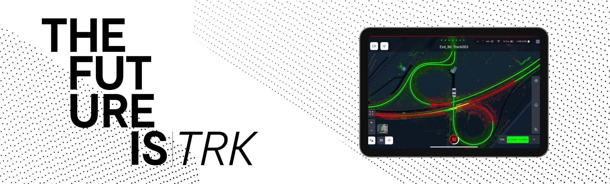 Tablette affichant la bannière promotionnelle du logiciel Pegasus FIELD avec le texte « LE FUTUR est TRK », illustration d’une tablette affichant le logiciel de cartographie mobile avec la carte thermique détaillée verte et rouge d’un échangeur autoroutier, pour mettre en avant la visualisation et l’analyse des données en temps réel.