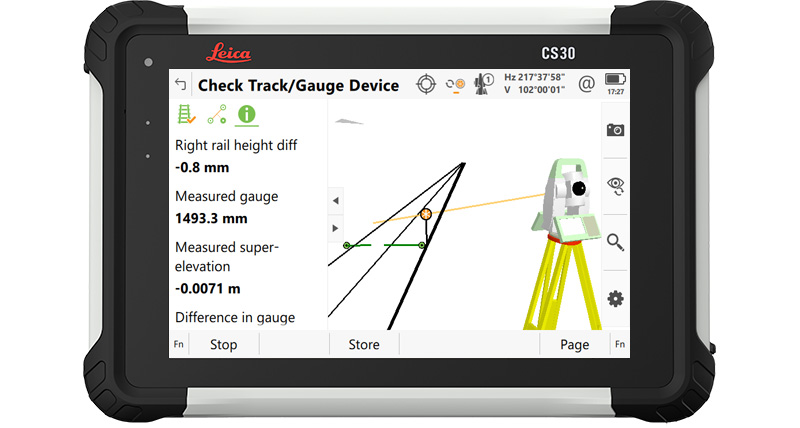 Screenshot der Leica Captivate Gleis-App auf dem CS30-Feld-Controller, auf dem die Gleisüberprüfung mit einem Spurweiten-Gerät zu sehen ist.
