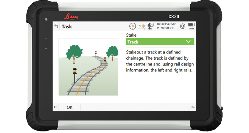 CS30 feltkontroller viser utstikking av jernbanespor på et skjermbilde fra Leica Captivate Rail-appen.