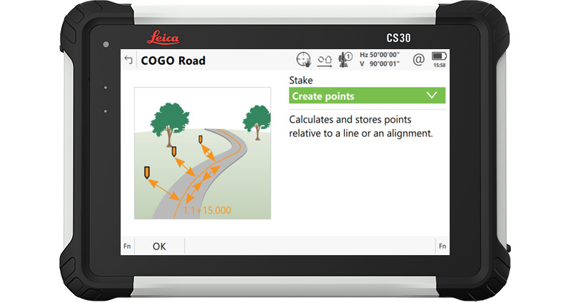 Capture d'écran COGO Route du logiciel de terrain Leica Captivate sur la tablette CS30.