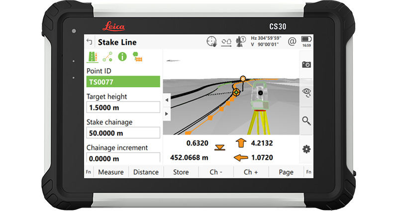 Software de campo Leica Captivate mostrando uma captura de tela de implantação de linha no tablet CS30.