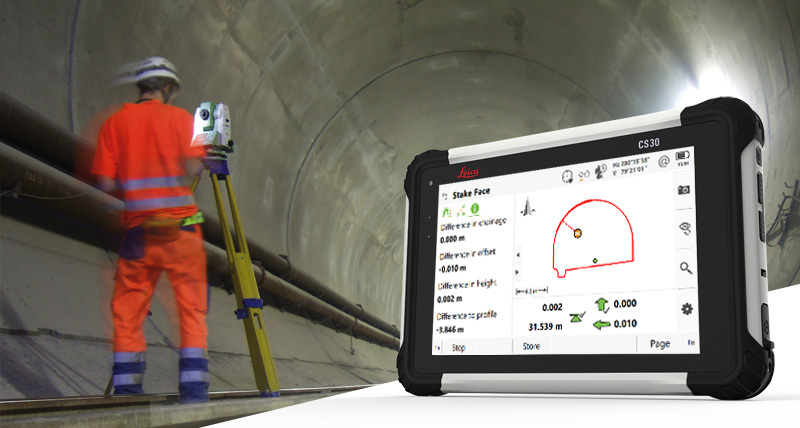 Thumbnail image of surveyor staking tunel face with the MS60 scanning MultiStation and Leica Captivate Tunnel App screenshot in CS30 field controller.