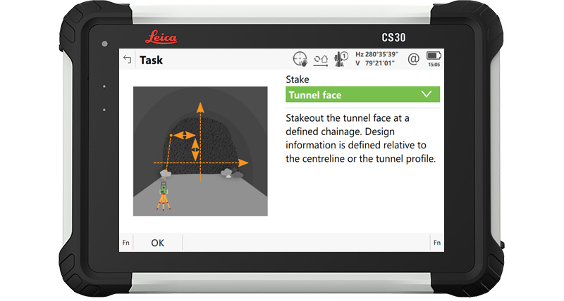 Skærmbillede på CS30-terminal af tunnelfladeafsætning i Leica Captivate field-software tunnel-app.