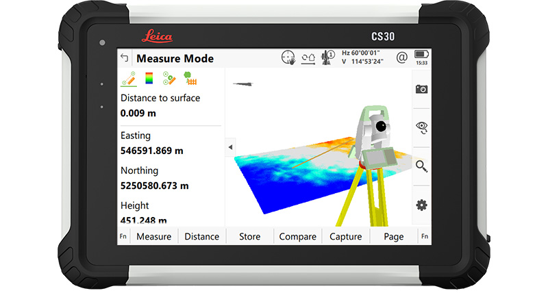 Aplicación de inspección de superficies en el software topográfico Leica Captivate mostrada en una tableta CS30.