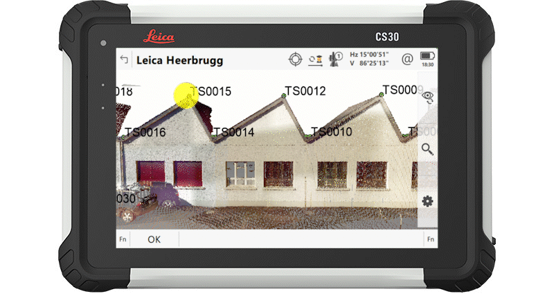 GIF mostrando como selecionar dados para realizar cálculo de geometria de coordenadas com o software de topografia de terreno do Leica Captivate.