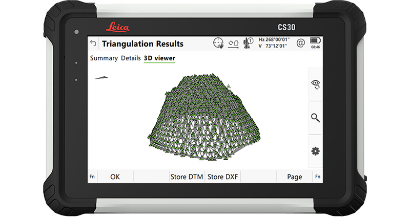 Aplicativo de cálculo de volume do software de topografia Leica Captivate em um tablet CS30 mostrando uma superfície triangulada.