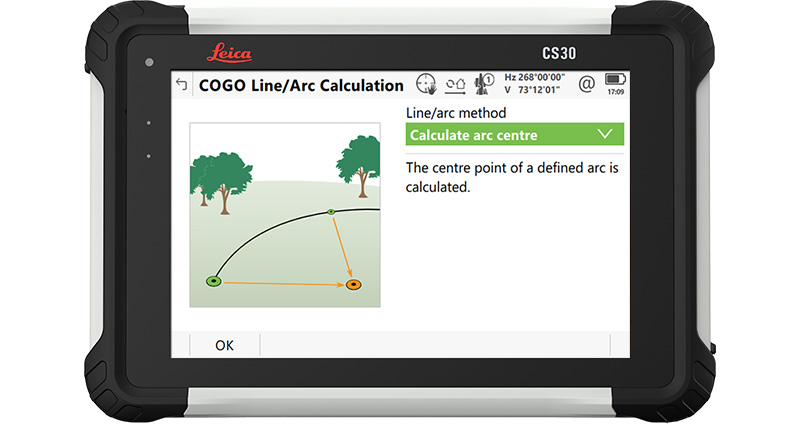 Tablette CS30 affichant l'application de géométrie des coordonnées pour des calculs sur le terrain avec le logiciel de topographie Leica Captivate.