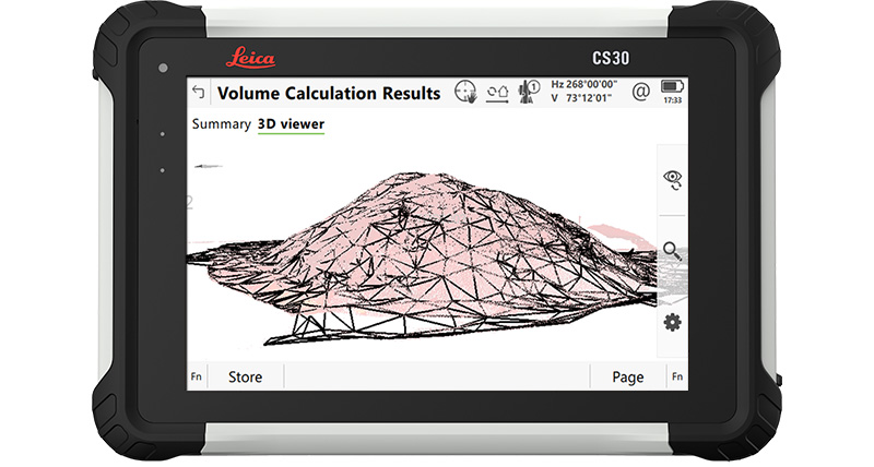 Aplicativo de volume rápido do software de topografia Leica Captivate mostrando uma pilha na visualização 3D em um tablet CS30.