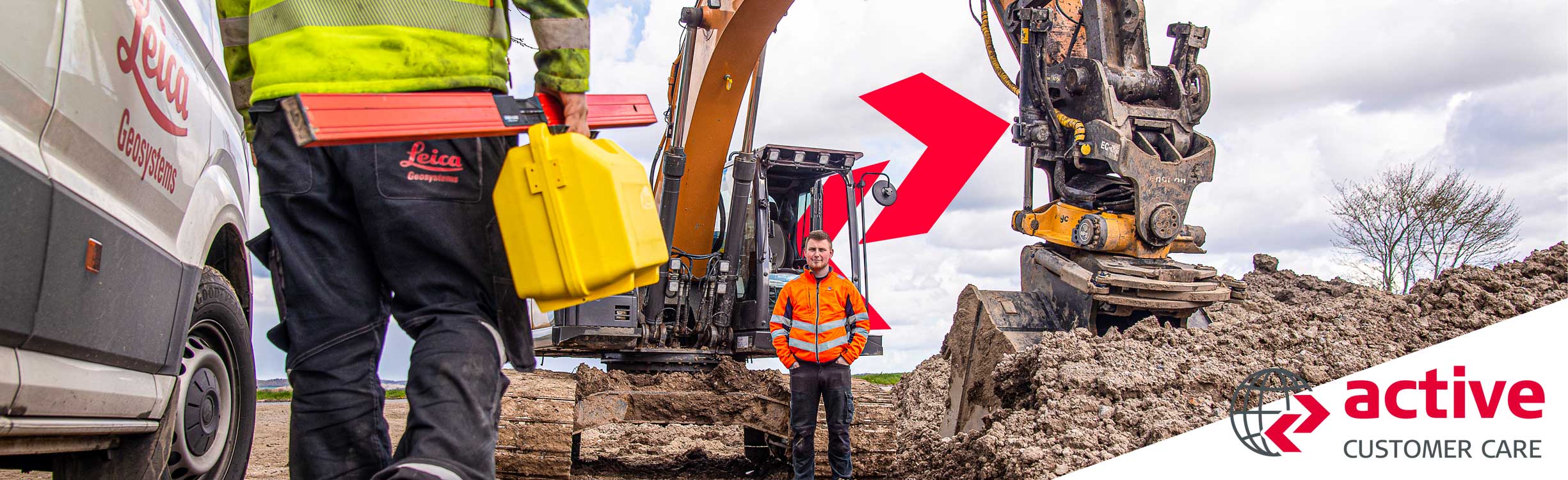 Leica Geosystems service technician walks with his tools towards an excavator and excavator operator in heavy construction. 